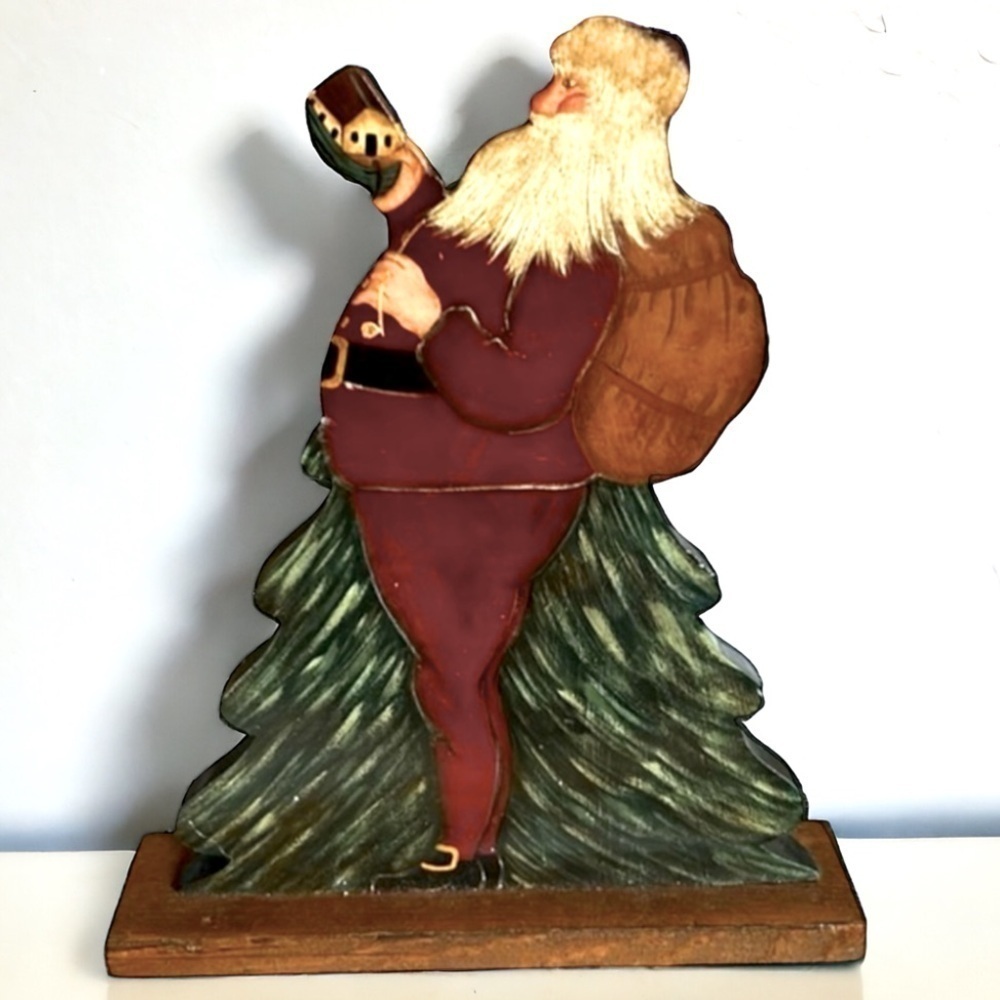 Vintage Deborah Ann Fleckenstein Handmade Wooden Santa Plaque On A Stand 12”